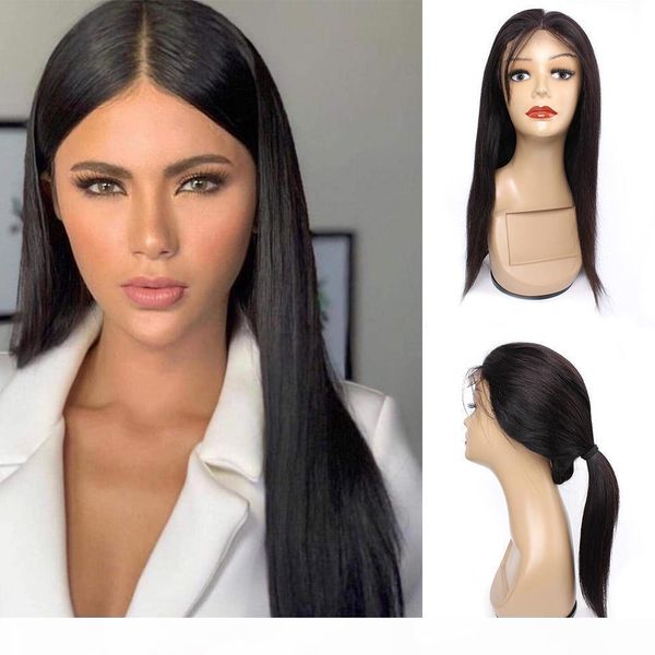

kisshair natural color 4x4 lace closure wig straight brazilian human hair wig 12 to 26 inch front lace wig with baby hair, Black;brown