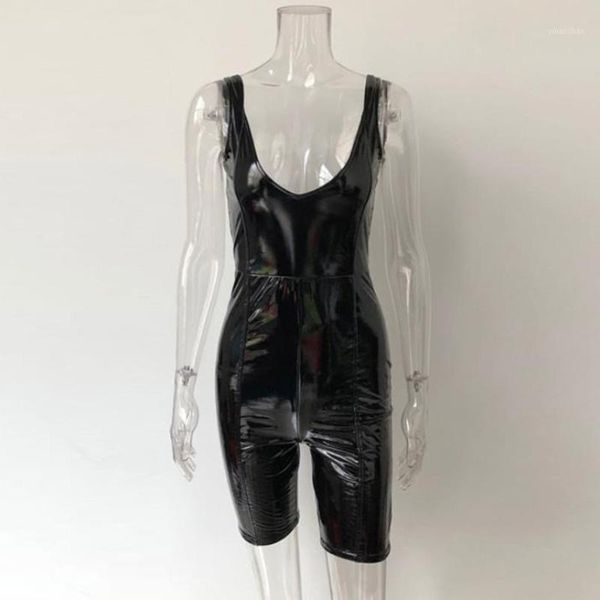 

pu leather bodycon playsuits women deep v neck skinny body rompers shorts club wear shiny wetlook faux leather jumpsuit outfits1, Black;white