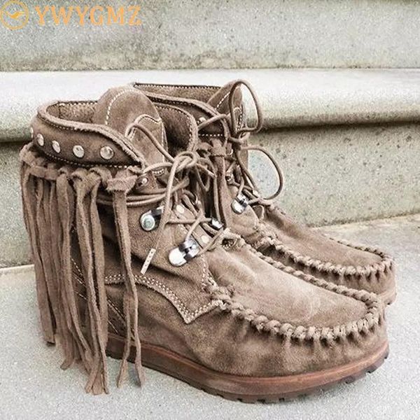 

2020 winter women shoes ankle boots flats shoes booties gladiator vintage faux suede round toe lace up shoe tassels botas mujer, Black