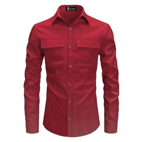 

men's dress shirts double pockets front fashion polyester men's long sleeve pure color male tuxedo shirt camisas hombre streetwear, White;black