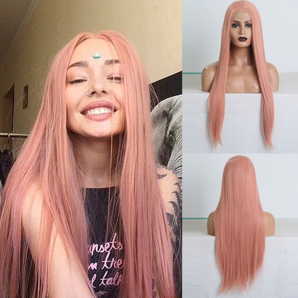 

charisma long straight hair pink wigs natural hairline synthetic lace front wig cosplay wigs for women lace wig, Black;brown