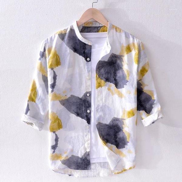 

2019 summer new spray pure linen shirt men brand three-quarter sleeve shirt mens stand collar casual shirts men yellow chemise1, White;black