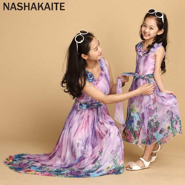 Nashakaite Anne ve Me bol çiçeği kemer eşleştirme elbiseler anne kızı elbiseler yaz şifon anne ve kızı elbise LJ201111