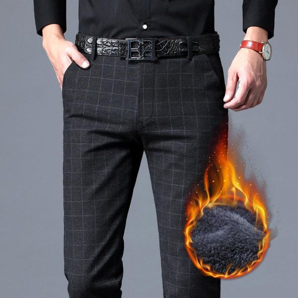 

men's pants 2021 winter warm casual fashion brushed fabric thick fleece brand slim office male navy black 38