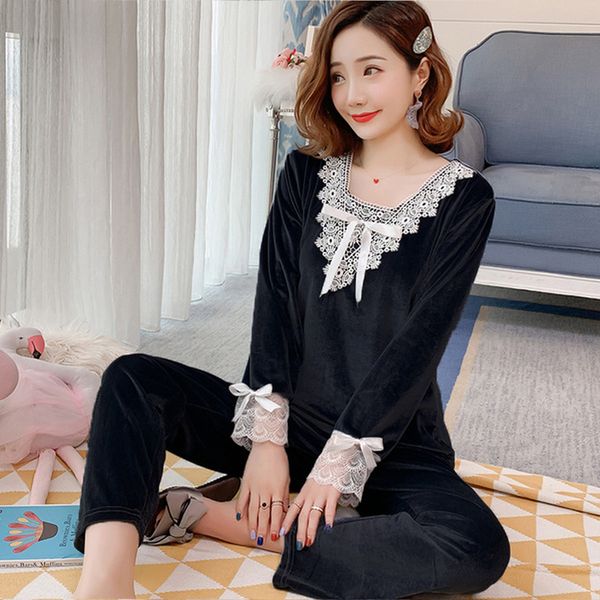 

gold velvet pajamas women autumn and winter female pyjamas long-sleeved trousers pajama two-piece lace home service, Black;red