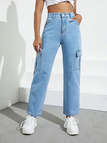

high waist cargo jeans i3kb#, Blue