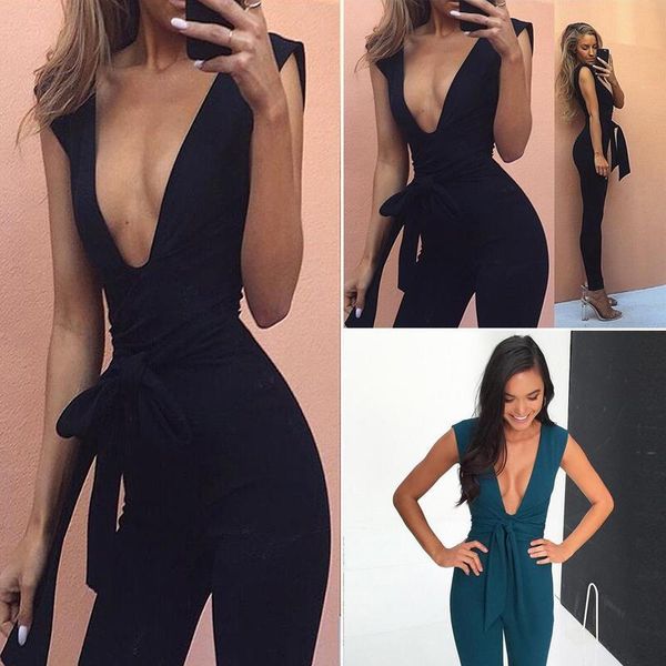 

deep v bodycon jumpsuit skinny bandage overalls for women romper summer sleeveless long jumpsuits fashion female pants, Black;white