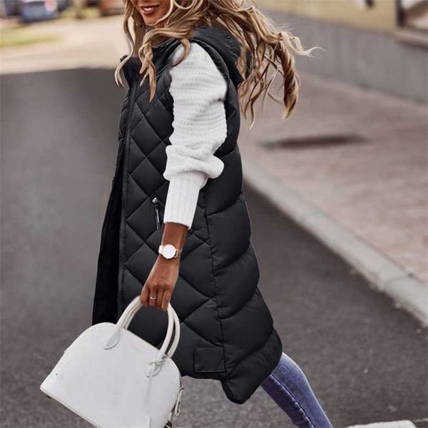 

women's long coat vest hood sleeveless winter warm down pockets quilted jacket puffer waistcoat outdoor # 211220, Black;white