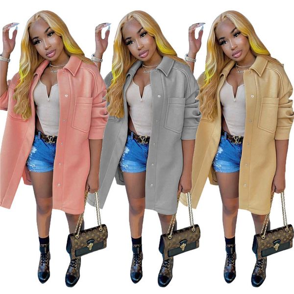 

loose solid color designer womens wool coat single breasted double pockets outerwear autumn winter female clothes, Black