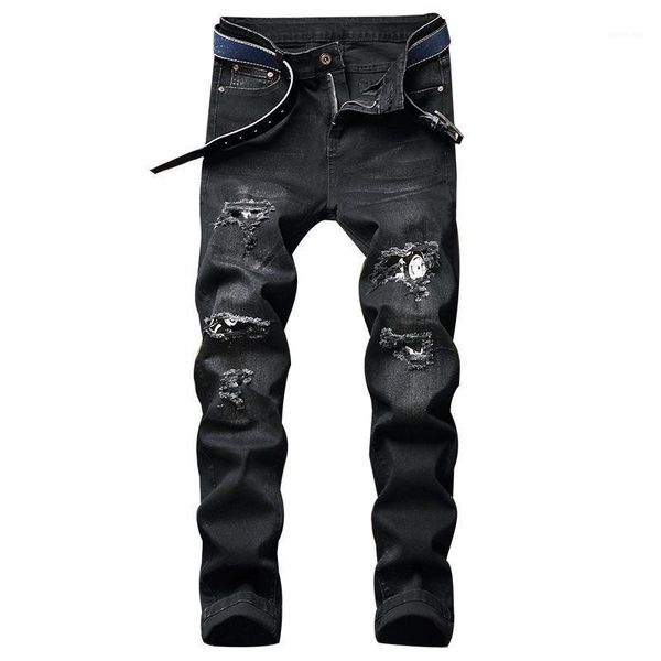 

spring autumn multi holes jeans mens young man personality streetwear casual cowboys trousers slim fit skinny denim pants1, Blue