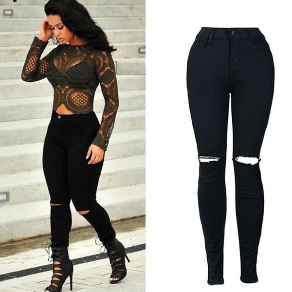 

new white hole ripped jeans women cool high waist elastic denim pant capris female skinny jeans black casual pencil pants1, Blue