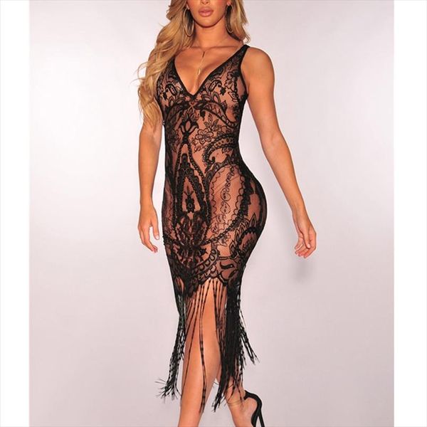 

women summer tassel slim black lace hollow out bodycon lace dress beach sleeveless dresses, Black;gray