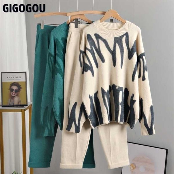 

gigogou tie dye winter knit two piece set women harem pant suits oversized loose sweaters jogging knitted tracksuit outfits 211221, White