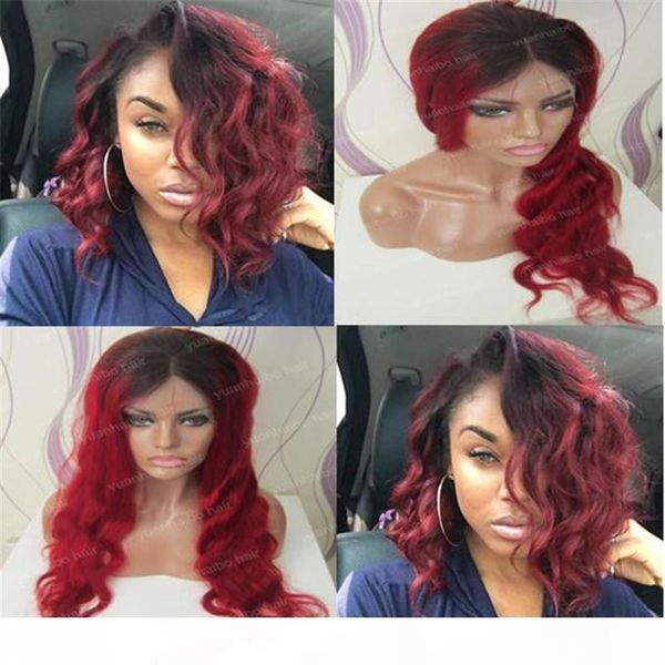 

fashiion 8a natural hairline two tone malaysian hair wig t1b 99j ombre burgundy lace front wig 130 density dark roots wig, Black;brown