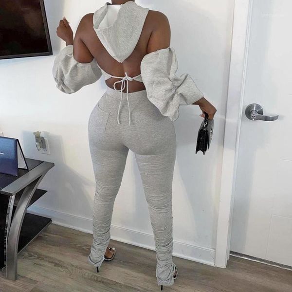 

echoine off shoulder zipper puff sleeve backless hooded crop and pleated stacked pants two piece set lace up outfits1, Gray