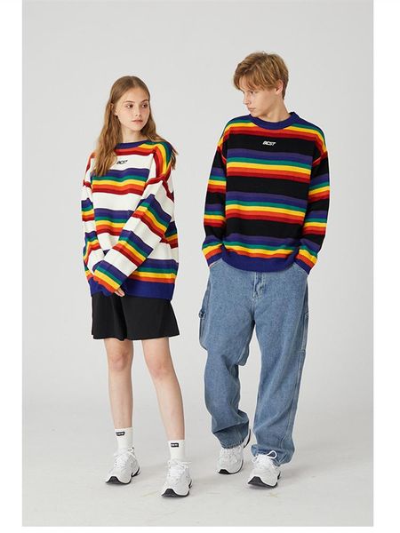 

men's sweaters drop harajuku rainbow striped knitted pullover couple hip hop patchwork streetwear fashion men o-neck sweater, White;black