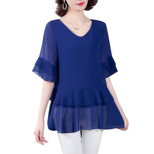

women spring summer style chiffon blouses shirts lady casual short flare sleeve v-neck chiffon blusas zz08411, White