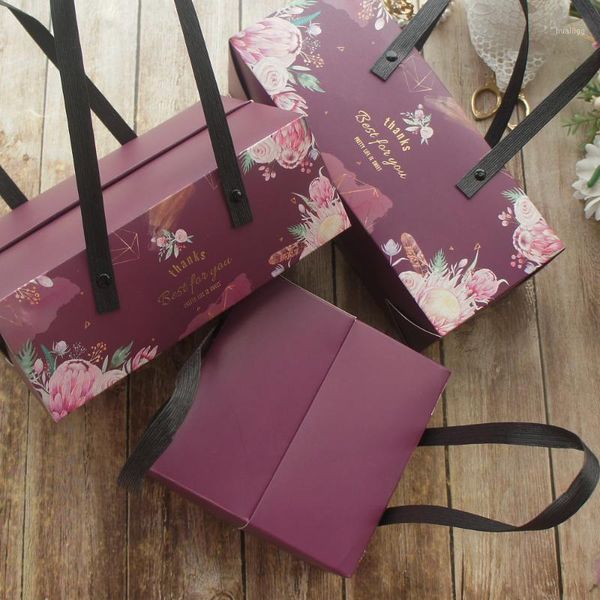 

3 size choose 5pcs wine flower gold thankyou style paper box with handle roll cake candy cookie gift packaging wedding use1