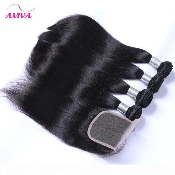 

5pcs lot 8a peruvian straight virgin hair with closure 4 bundles with closure unprocessed human hair weave with closures landot hair product, Black