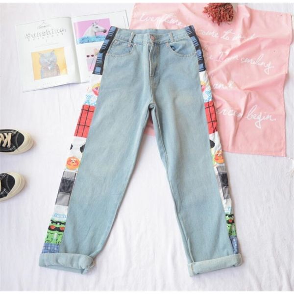 

women vintage jeans full length side printed denim trousers lj200828, Blue