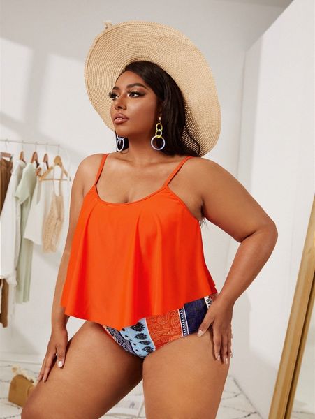 

plus geometric print hanky hem bikini swimsuit s3ps#, Black