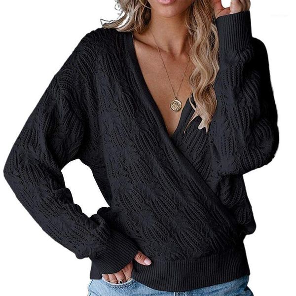 

women deep v neck wrap hollow sweater long sleeve crochet knit pullover sweater knitted women winter 2020, White;black