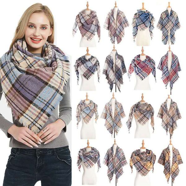 

europe and the united states autumn winter new ring yarn burr color plaid square scarf triangle scarf women's scarf, Blue;gray
