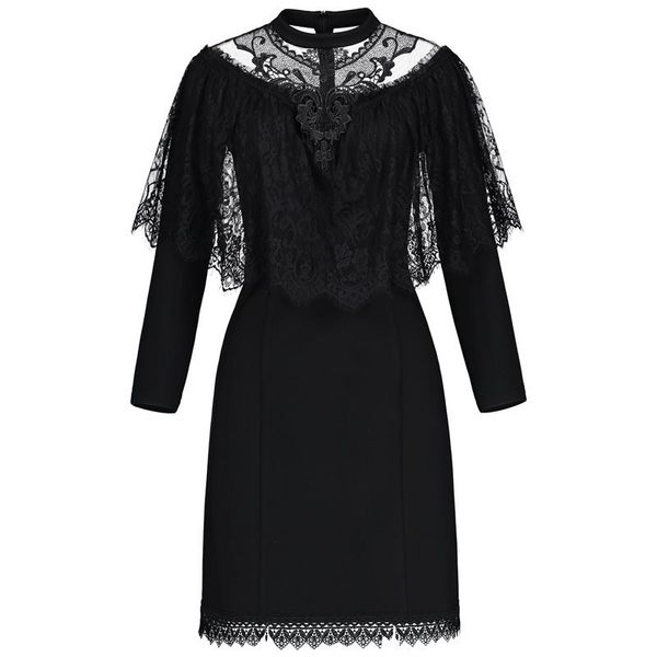 

2021 rosetic gothic lace elegant black stan dressed as woman knitted plain see-through party dress long 2xl sleeve at knee height ov7p, Black;gray