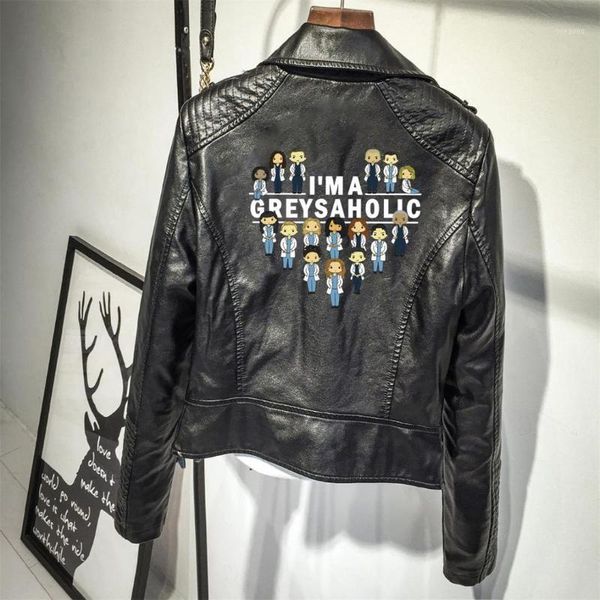 

greys anatomy print pu leather jackets women graysaholic leather coat hoodie1, Black;brown