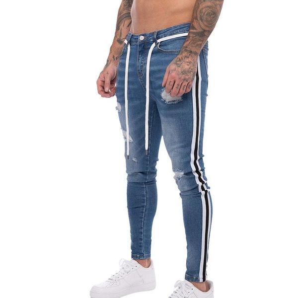 

men ripped skinny jeans biker destroyed autumn slim fit denim jeans side stripe pencil pants hip hop streetwear 2020, Blue
