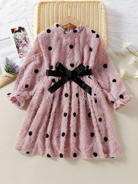 

girls polka dot flounce sleeve belted fuzzy dress she, Red;yellow