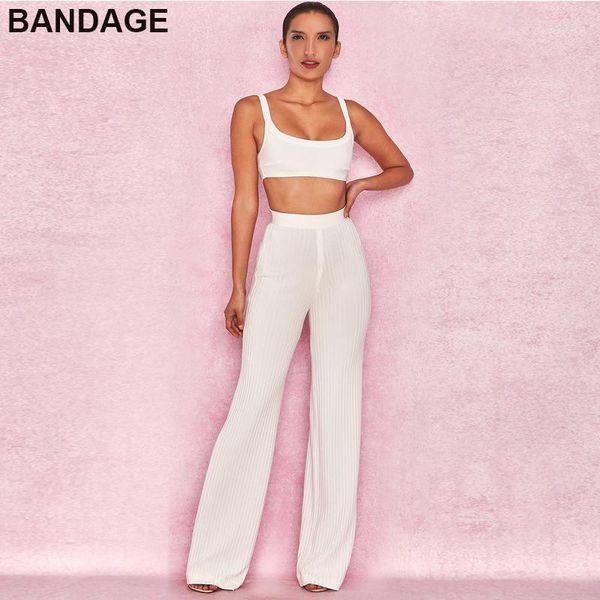 

2018 summer white bandage two piece pants set with crop sleeveless square neck leggings wide leg 2 piece trouser set1, Gray