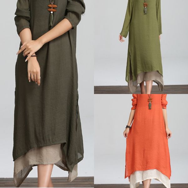 

2019 spring cotton and linen women's artistic dress dresscotton and linen dressloose large size long sleeve dress omeis, Black;gray