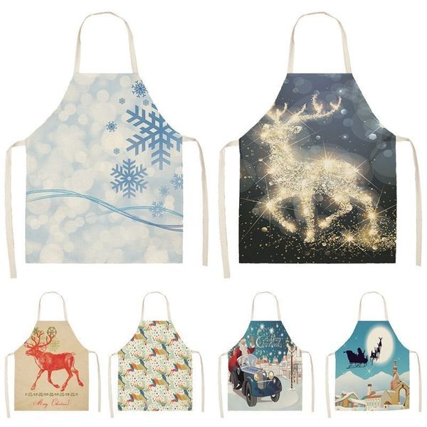 

1pcs christmas apron santa claus snowman pinafore cotton linen aprons bibs 53*65cm for home kitchen cooking baking mx0005