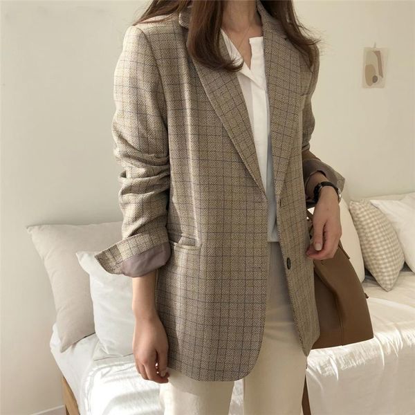 

vintage plaid single-breasted women blazer notched collar work style female suit jacket 2020 elegant brief grid outwear, White;black