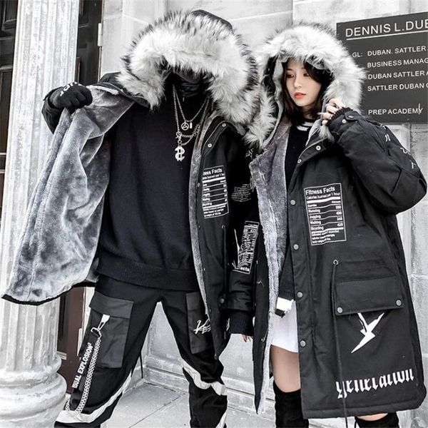 

nagri hip-hop winter coat women long fur collar warm parka street style oversize couple hooded fleece jacket ladies 201114, Black