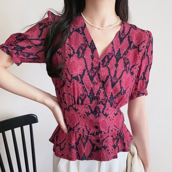 

women short sleeve blouse shirt summer rose red snake printed v neck french front buttons retro shirts, White