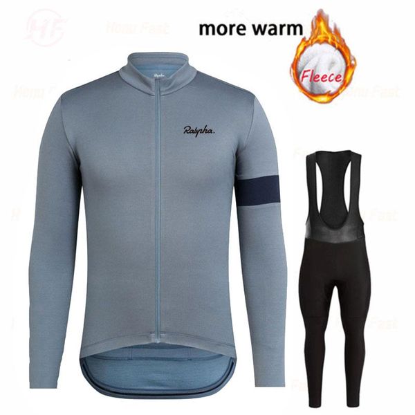 

new raphaful winter triathlon team men's 2021 warm fleece long-sleeved cycling jersey mountain bike jersey cycling suspenders, Black;blue