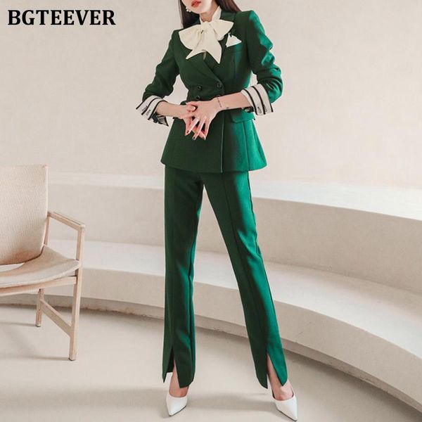 

bgteever elegant office ladies 2 pieces pant suits slim double breasted blazer & split wide leg pants 2021 autumn winter set, White