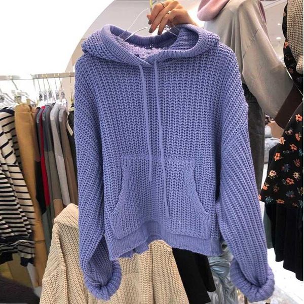 

autumn winter 2020 new loose solid hooded full knit woman sweaters, White;black
