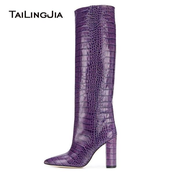 

white knee high boots women 2020 purple crocodile embossed boots high block heel slip on long boot ladies yellow winter shoes, Black