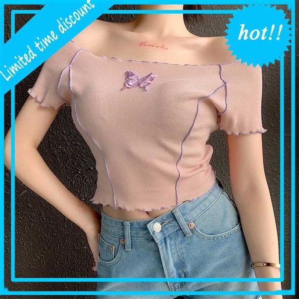 

ins net red women's 2021 summer new product solid color splicing fashion butterfly label t-shirt women, White