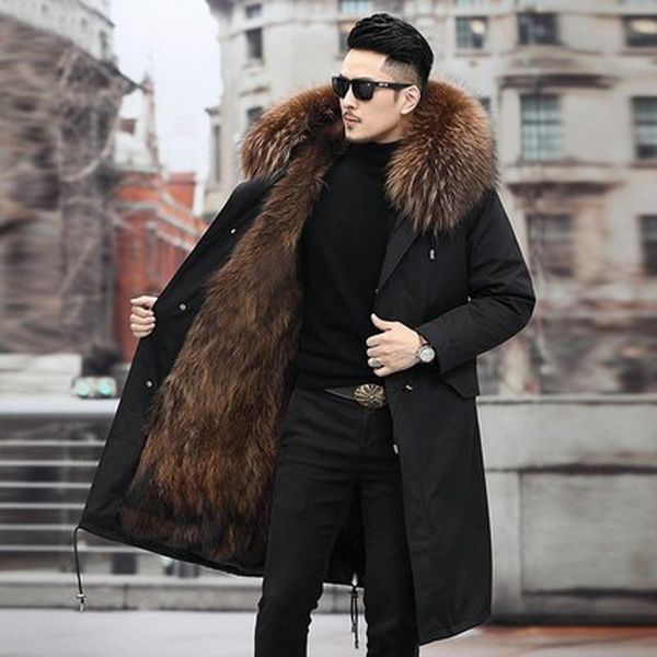 Uomo Parka Giacca invernale elegante Lungo Streetwear Russo 7XL Cappotto in vera pelliccia Collo in pelliccia di procione naturale Cappotto spesso e caldo con cappuccio