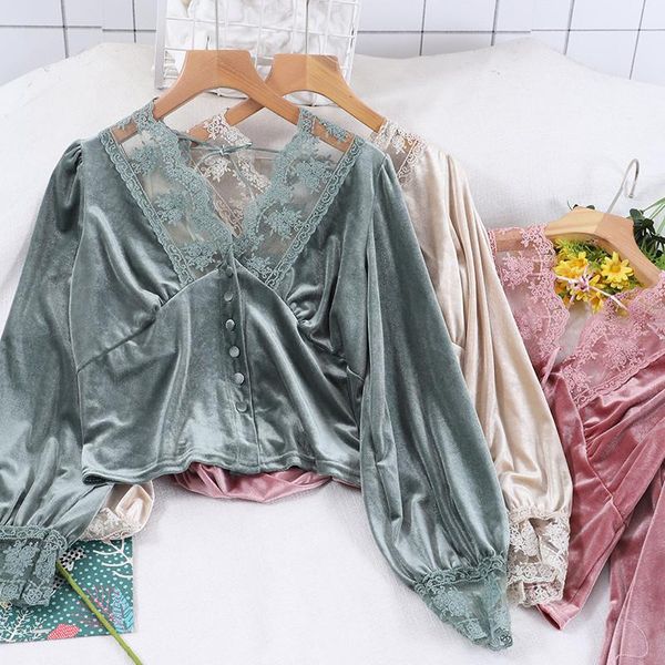 

2021 spring autumn women long sleeve velvet blouse v-neck floral lace shirt female backless mesh blouses short ab1918, White