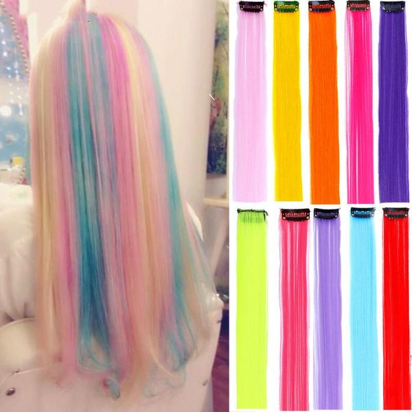 

hair strands on clips 20" straight fake hair extensions clip in rainbow high light hair streak ombre synthetic for women, Black