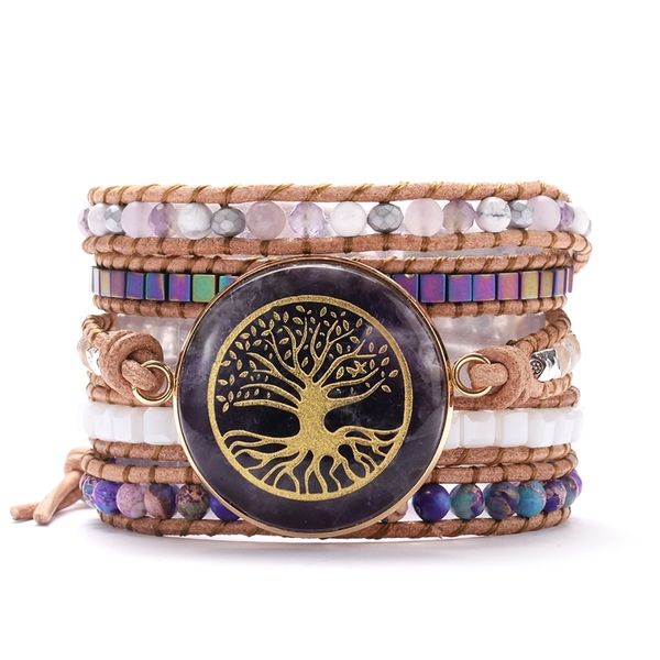 

life tree purple natural stones women wrap bracelets bangles five strands handmade beaded leather yoga jewelry y200730, Black