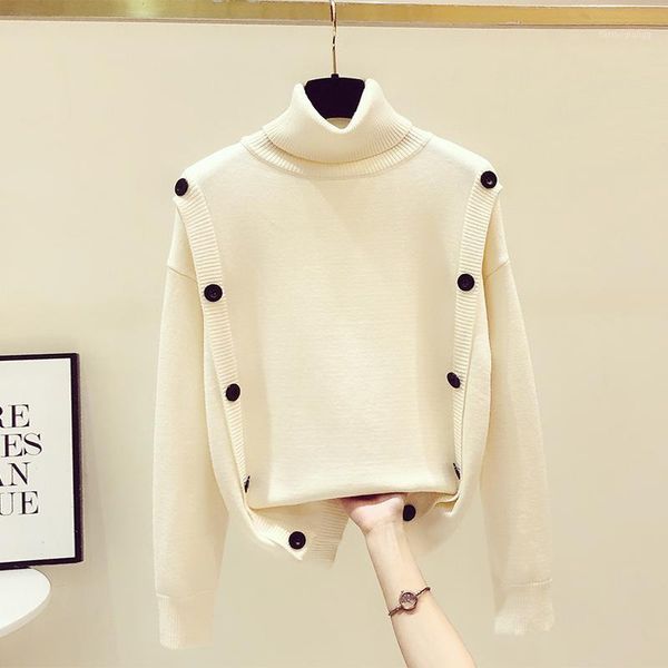 

2020 autumn winter new buttons turtleneck sweater women's solid color long sleeve knitwear students knit sweaters coat mujer1, White;black