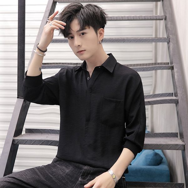 

thin spring and summer new men's fashion loose solid color cotton hemp youth quarter sleeve shirt, White;black