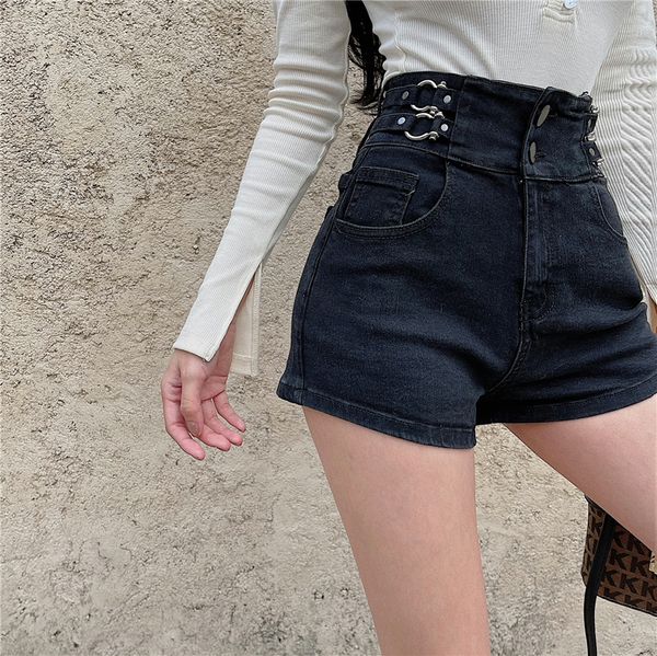 

korean chic new slim shorts high waist fashion buckled denim pants, Blue