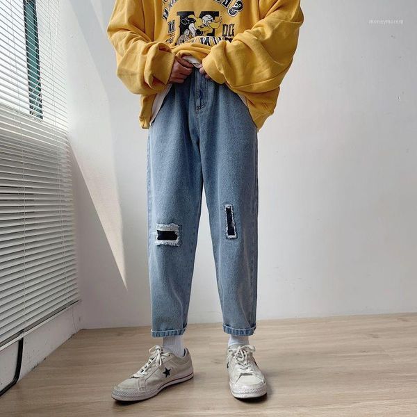 

ripped patch jeans men's fashion casual retro straight jeans men streetwear wild loose hip hop hole denim pants mens s-2xl1, Blue